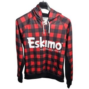 Eskimo Ice Fishing Gear Hooded Sweatshirt Red Black Buffalo Plaid Lace Up Size M